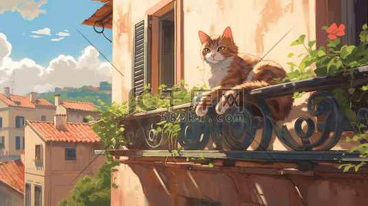 阳台线稿插画图片_一只猫睡在阳台上晒太阳