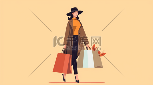 现代商场插画图片_拿着购物袋的女人