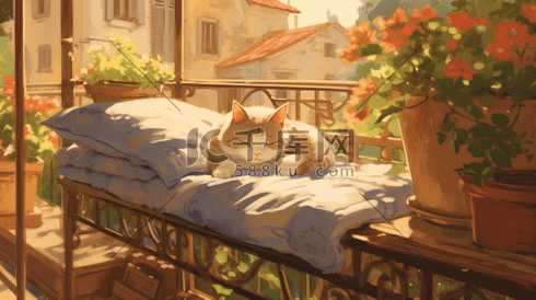 一只猫睡在阳台上晒太阳