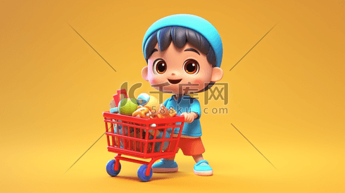 C4D渲染风格简约中国卡通小孩推着购物车