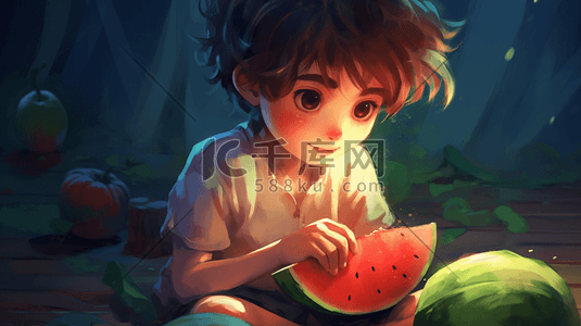 水分动图插画图片_一个孩子正在吃一块西瓜
