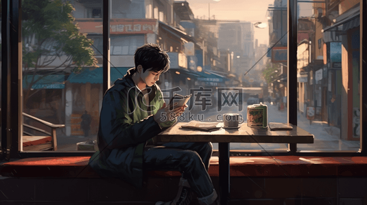 休闲咖啡插画图片_一个男孩在咖啡店看书，桌上放着一杯咖啡