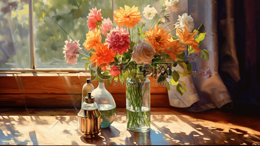 花瓶静物插画图片_花瓶里有一束花，桌上有一瓶香水