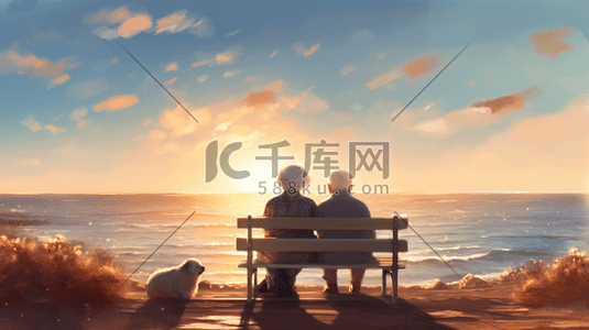 相爱的鱼插画图片_坐在海边看海的一对老夫妻