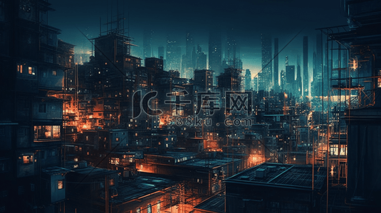 科技城市背景插画图片_蓝色科技城市夜景数字艺术插画