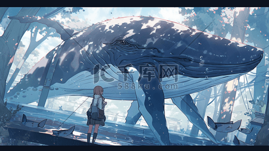 梦幻动物梦幻鲸鱼插画图片_海面上的巨大蓝鲸插画