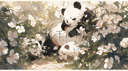 熊猫国宝动物插画图片_花朵国宝可爱手绘插画熊猫插画