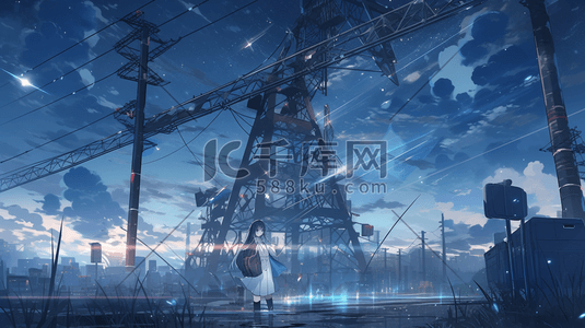 蓝色科技城市夜景数字艺术插画