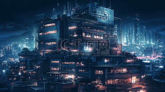 蓝色科技线条城市插画图片_蓝色科技城市夜景数字艺术插画