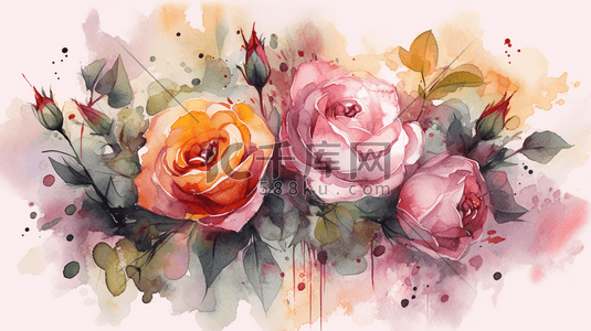 玫瑰手绘水彩花卉数字艺术插画