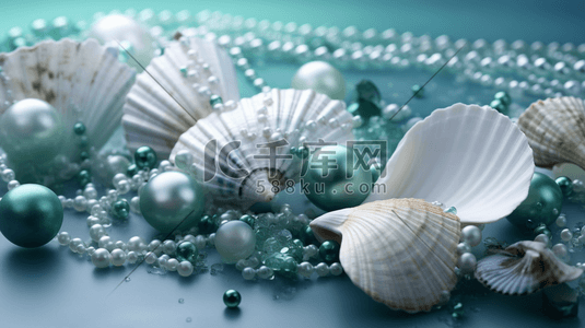 白色气泡插画图片_梦幻唯美蓝色和绿色的海贝壳和散落的珍珠3D图插画