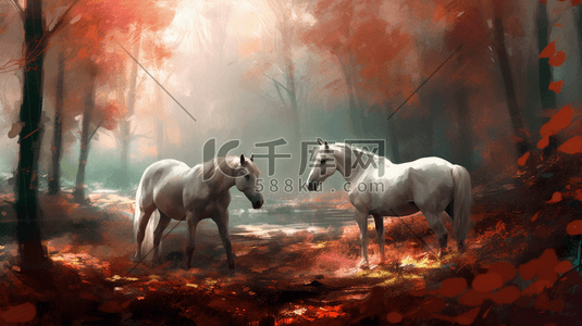 彩色的马插画图片_森林里的马数字艺术插画