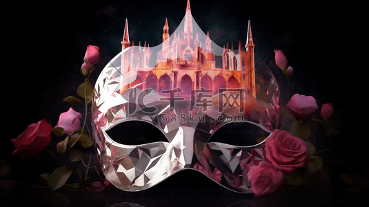 唯美玻璃罩里的城堡玫瑰数字艺术插画