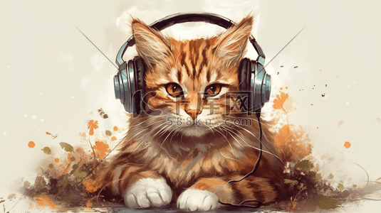 带耳机的猫咪数字艺术插画