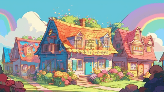 彩色可爱彩色唯美房子数字艺术插画