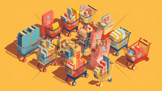 超级市场插画图片_满载纸盒购物车
