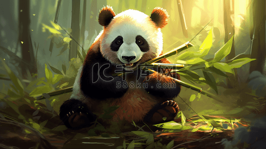 熊猫国宝动物吃竹子插画
