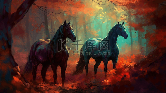 森林里的马数字艺术插画