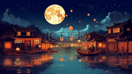 中秋节花插画图片_荷花池中的月亮倒影