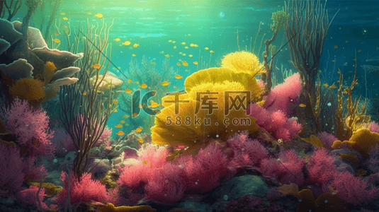 唯美深海珊瑚鱼群景观插画