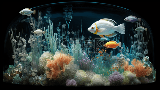 产品背景摄影插画图片_梦幻唯美海底植物和热带鱼3D图插画