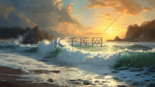 黄昏夕阳插画图片_黄昏夕阳下的大海海浪