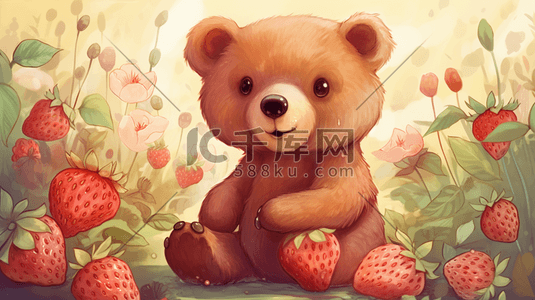 可爱卡通草莓插画图片_可爱熊和花朵插画数字艺术插画