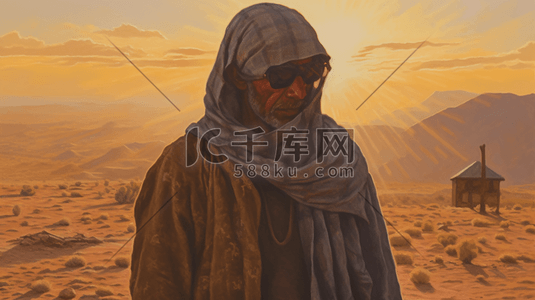 沙漠旅游插画图片_一个男人遮住眼睛以防耀眼的落日