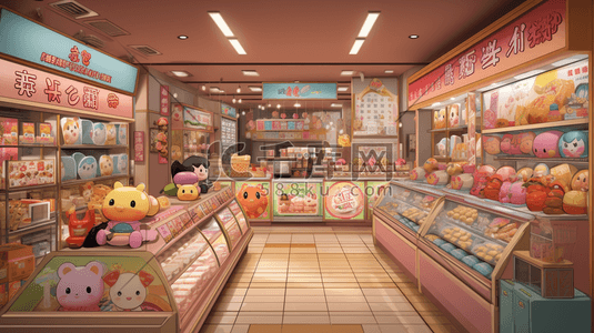 二十大标语墙插画图片_清新文艺甜品橱柜展示