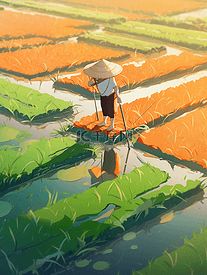 农民在水稻田里耕种手绘插画