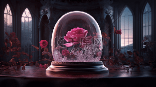 冰晶玻璃门插画图片_唯美玻璃罩里的城堡玫瑰数字艺术插画