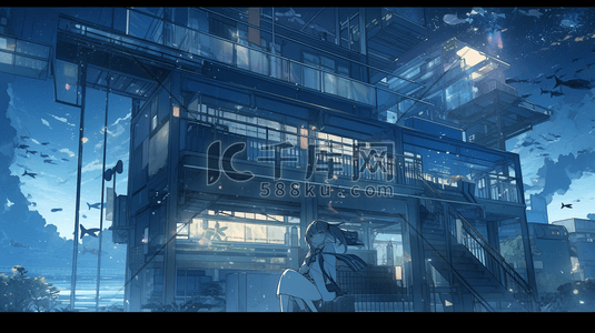 线条艺术背景蓝色插画图片_蓝色科技城市夜景数字艺术插画