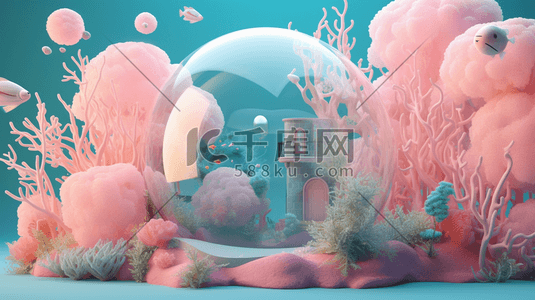 海底小气泡插画图片_清新唯美海底珊瑚建筑插画