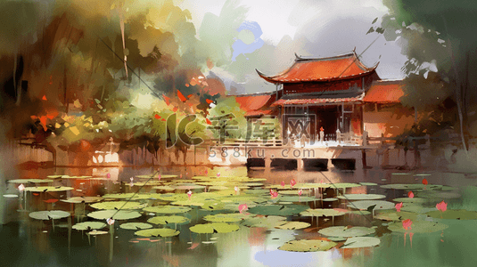 工笔插画图片_宁静的中国花园池塘和荷花插画