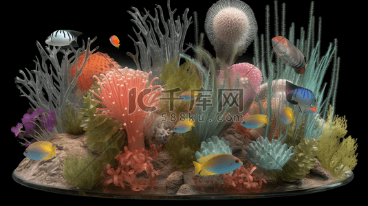 白色气泡插画图片_梦幻唯美海底植物和热带鱼3D图插画