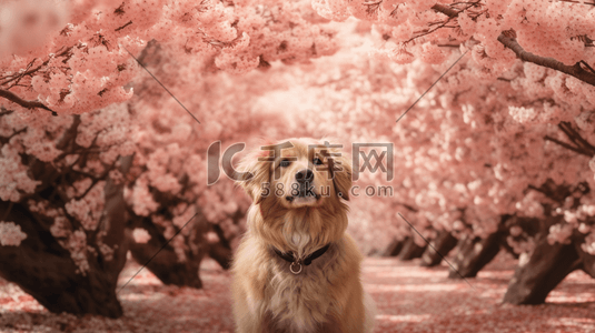 清新可爱的背景插画图片_樱花树下的可爱小狗数字艺术插画