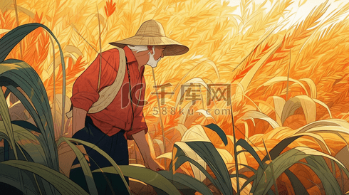 农民在比人高的麦子地里耕种手绘插画
