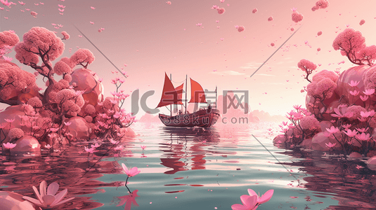 海中石头插画图片_唯美梦幻漂浮海中的粉色花朵数字艺术插画