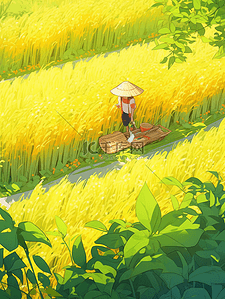 农民戴草帽的插画图片_戴草帽的农民在小麦地里耕种手绘插画
