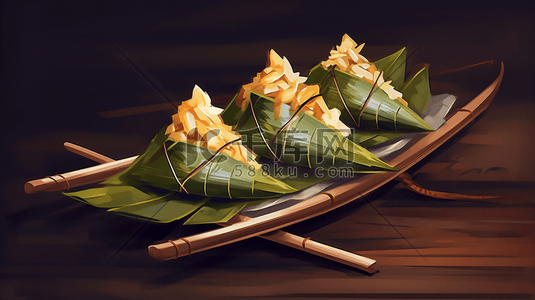 传统节日的食品插画图片_一种用竹叶或芦苇叶包裹的糯米制成的三角粽子