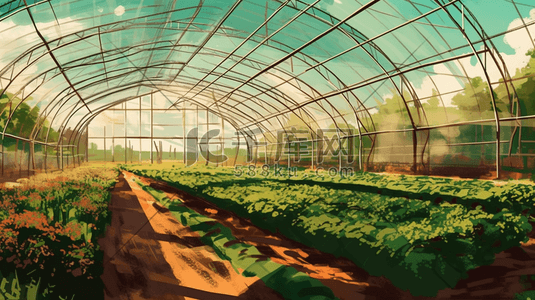 农业专家插画图片_夏天唯美绿色农业温室种植乡村风景数字艺术插画