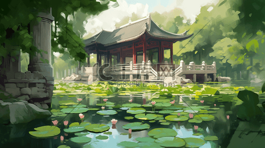 工笔插画图片_宁静的中国花园池塘和荷花插画