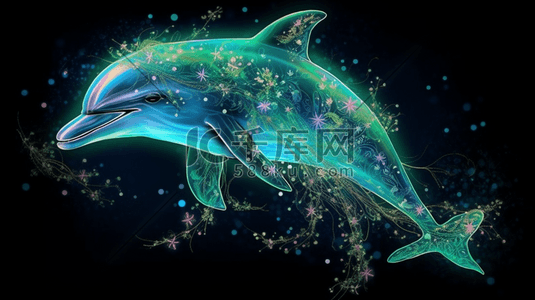 绿色梦幻海豚数字艺术插画
