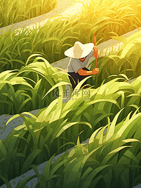 农民在稻田里耕种手绘插画