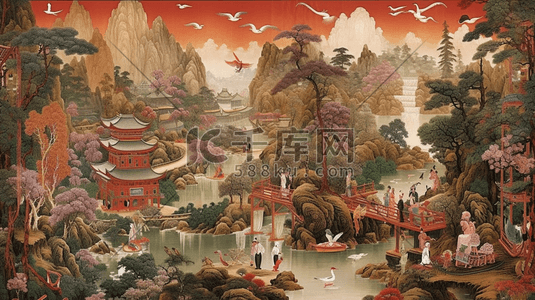 东方中国风工笔刺绣山水画