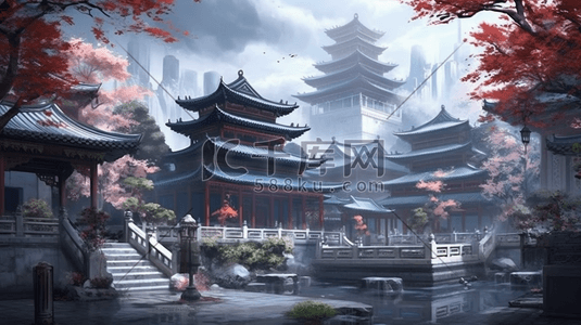 古典传统风插画图片_传统古典中国风国潮建筑风景插画