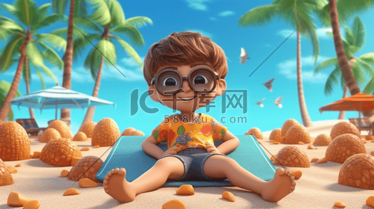 3d立体海洋插画图片_夏天夏季小男孩在大海边玩耍3D立体场景