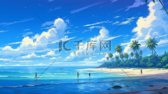 夏天沙滩蓝色插画图片_蓝色夏天沙滩大海风景治愈卡通插画