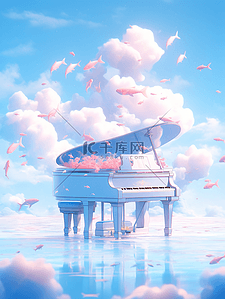 卡通c4d展台插画图片_唯美钢琴在牛奶云朵里C4DOC渲染