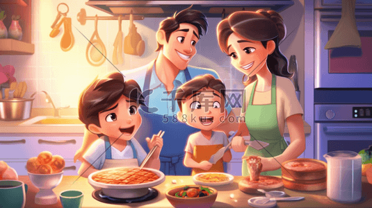 一家四口量插画图片_家庭一家3口煮饭厨房烹饪温馨场景